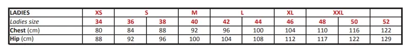Mountain Horse ladies clothing size chart